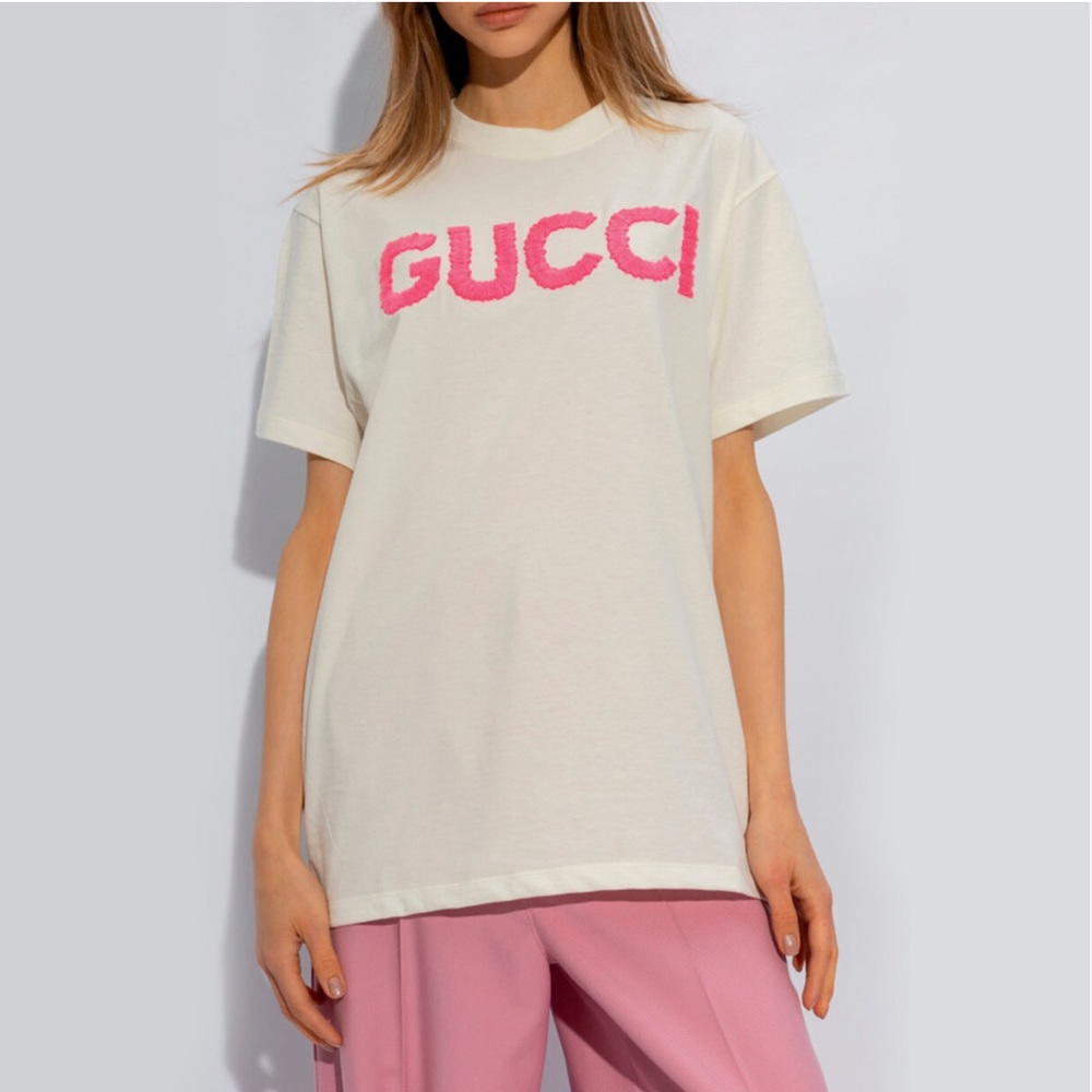 Gucci Logo Embroidered Cotton Oversized Jersey Shirt Pink Sunlight Mix Size XS